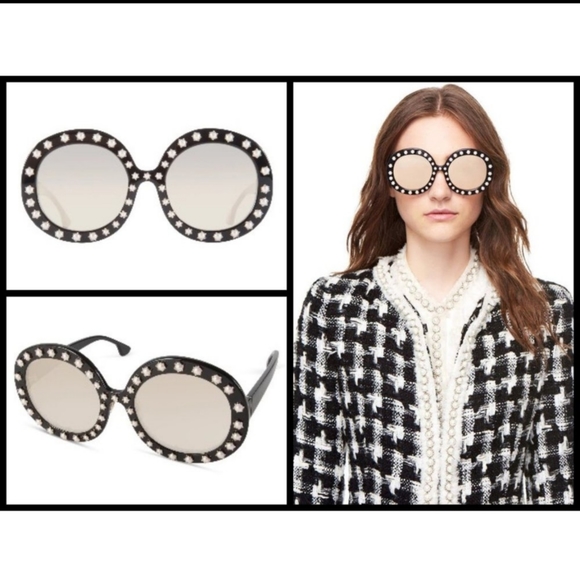 ALICE + OLIVIA Bel Air Round Bling Sunglasses Sunburst Pearl Trim - Picture 2 of 7